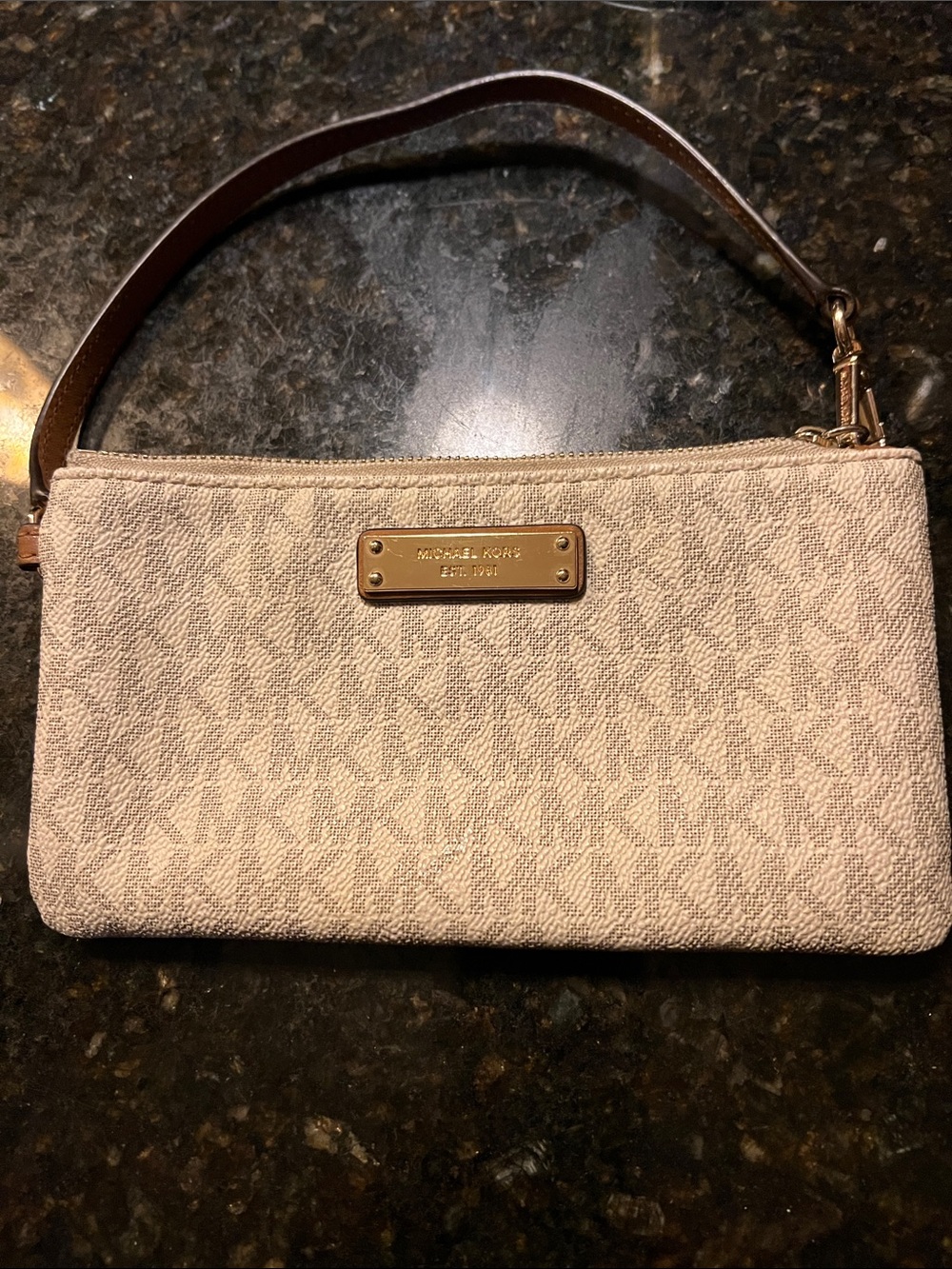 Michael Kors Beige Logo Wristlet with Brown Strap